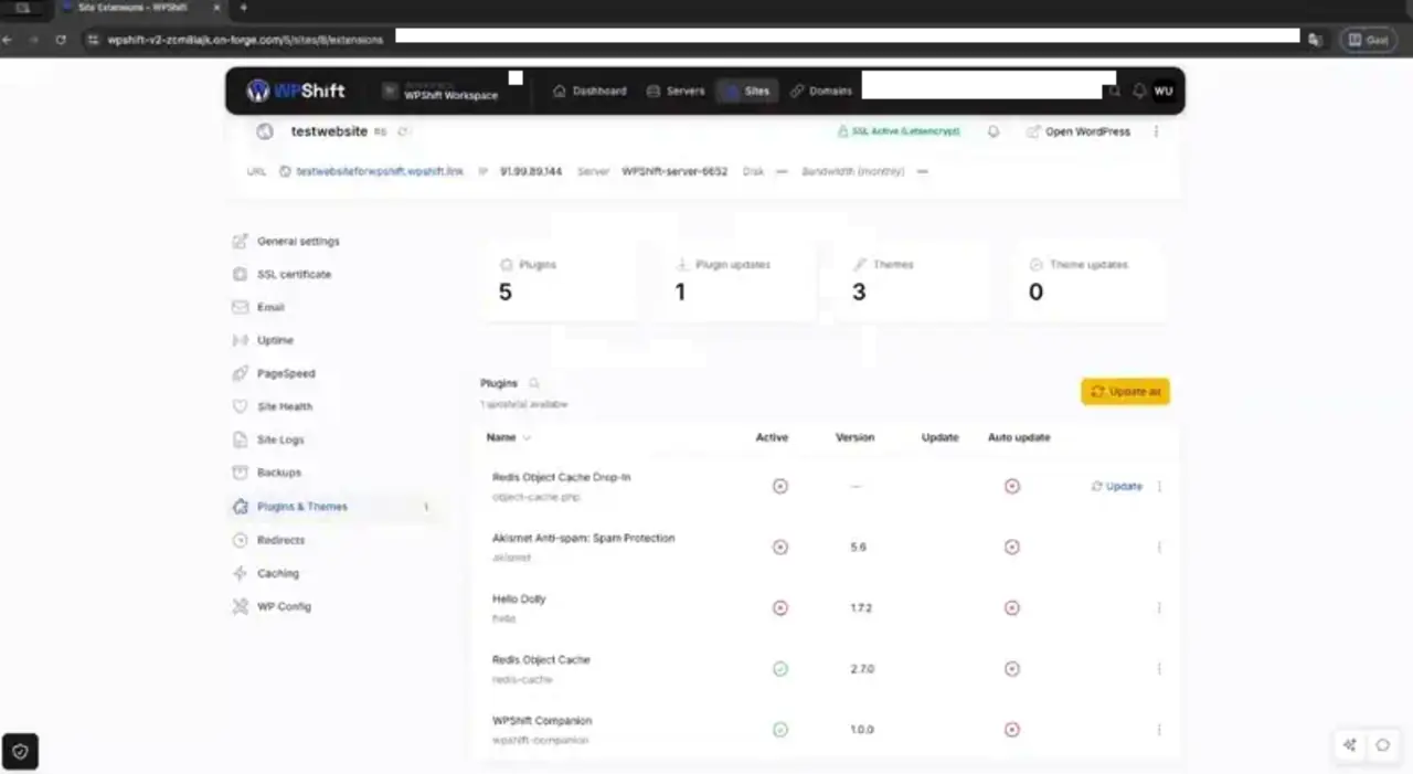 The WPShift dashboard managing a WordPress site: SSL status, plugin and theme counts, and a live plugins list including Redis Object Cache and WPShift Companion.